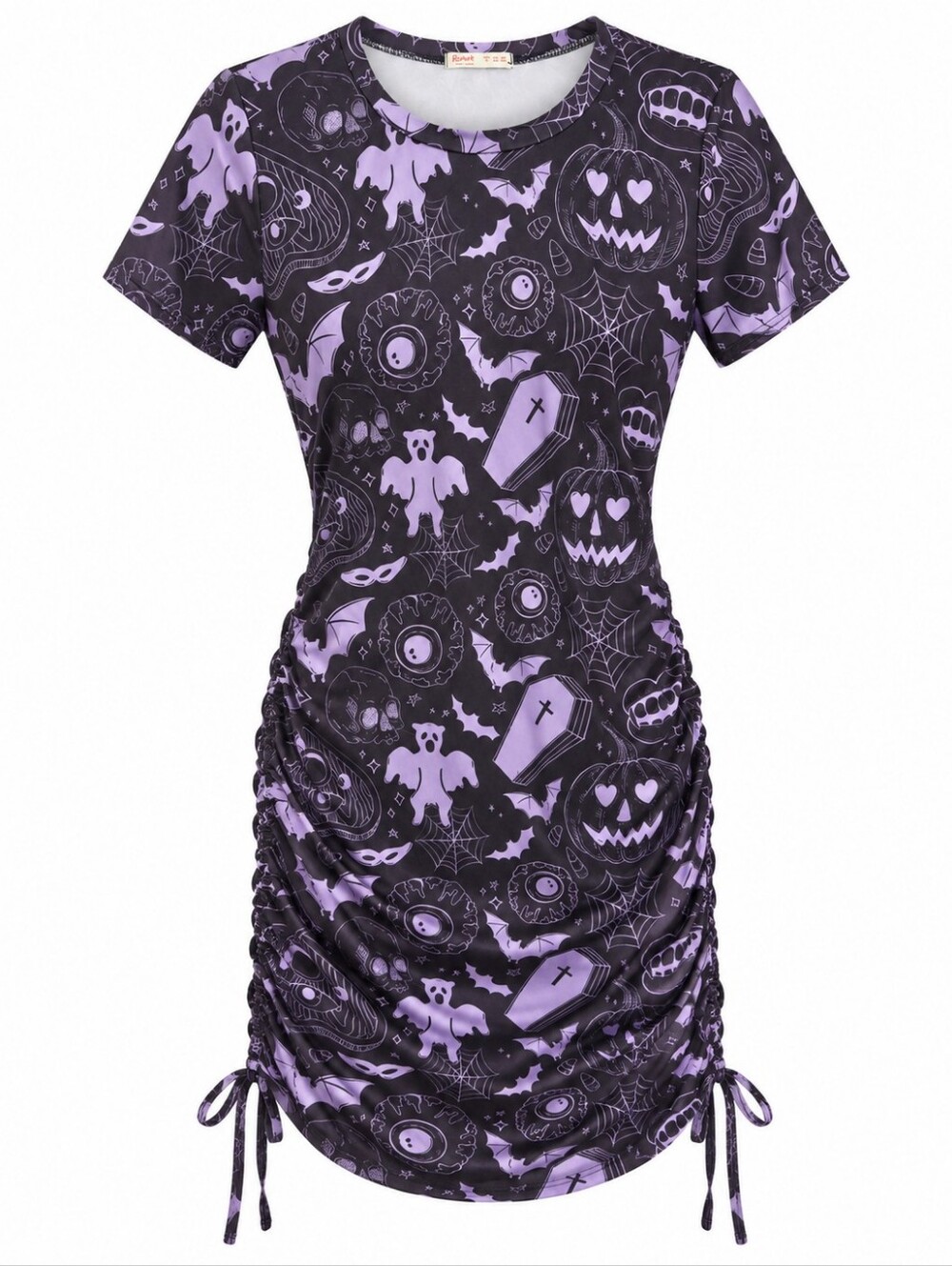 Halloween Gothic Purple Ruched Bodycon Dress Spooky Print Size L - Picture 2 of 2